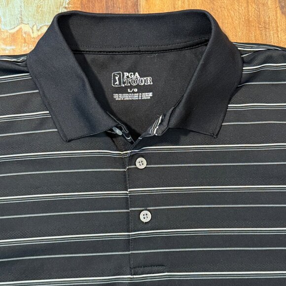 PGA Tour Black White Striped Short Sleeve Polo‎ Shirt Size Large - Picture 3 of 5